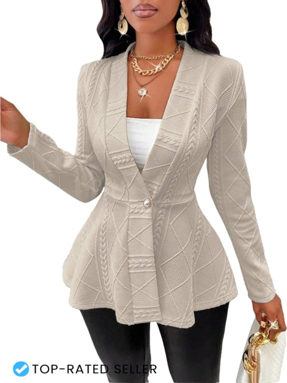 Rib Knit Peplum Blazer Shawl Collar Single Button Lightweight Women